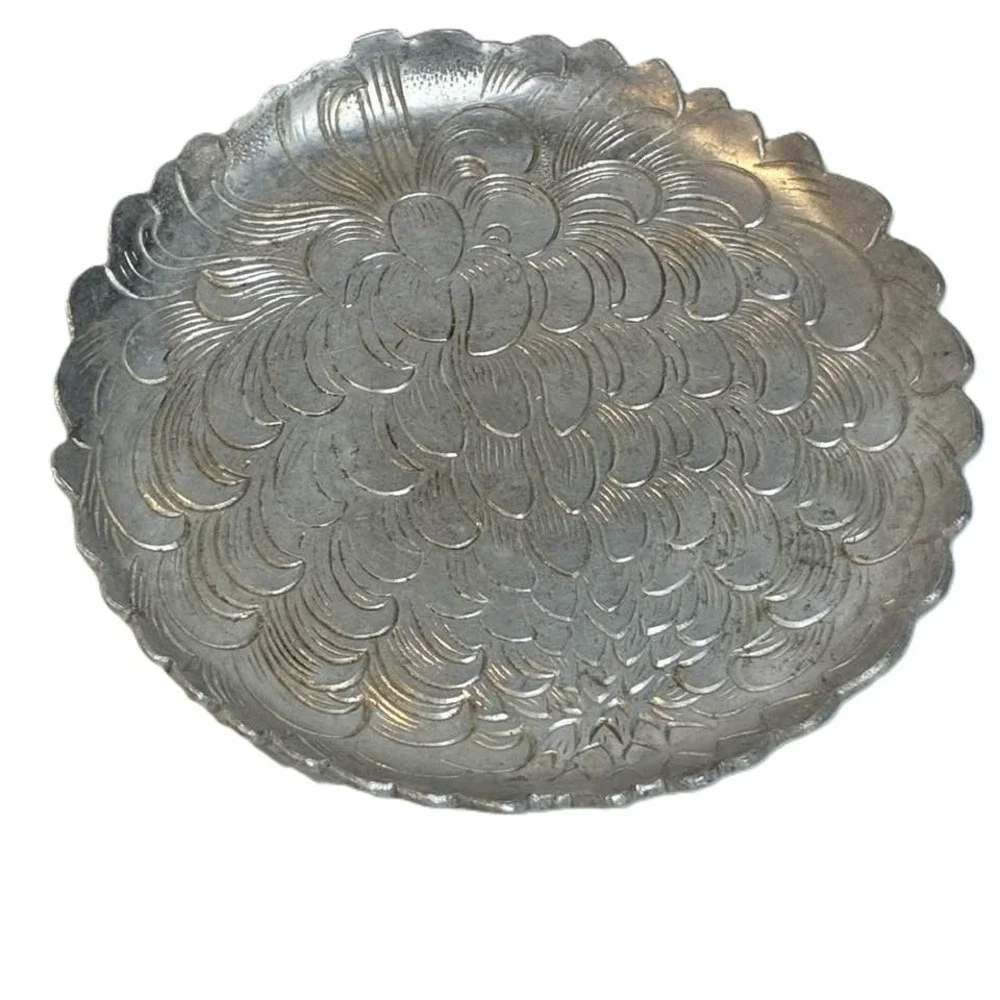 Vintage Floral Metal‎ Coaster Set Holder Tray Embossed Aluminum Shabby Chic